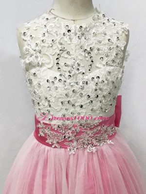 Trendy Pink And White Tulle Lace Up Flower Girl Dresses for Less Sleeveless Floor Length Beading and Lace and Bowknot