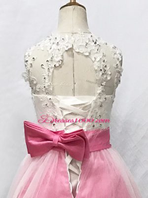 Trendy Pink And White Tulle Lace Up Flower Girl Dresses for Less Sleeveless Floor Length Beading and Lace and Bowknot