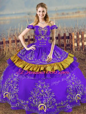 Purple Ball Gowns Embroidery Sweet 16 Quinceanera Dress Lace Up Satin and Organza Sleeveless Floor Length