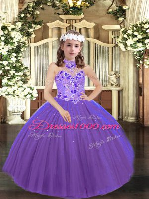 Purple Halter Top Lace Up Appliques Juniors Party Dress Sleeveless
