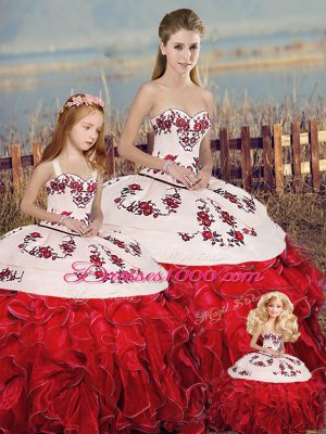 Cute Sweetheart Sleeveless Quince Ball Gowns Floor Length Embroidery and Ruffles and Bowknot White And Red Organza