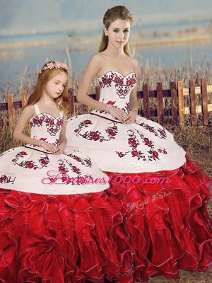 Cute Sweetheart Sleeveless Quince Ball Gowns Floor Length Embroidery and Ruffles and Bowknot White And Red Organza