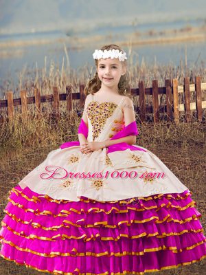 Fuchsia Sleeveless Floor Length Beading and Embroidery and Ruffled Layers Lace Up Little Girl Pageant Dress