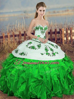Green Ball Gowns Organza Sweetheart Sleeveless Embroidery and Ruffles and Bowknot Floor Length Lace Up Quinceanera Gown