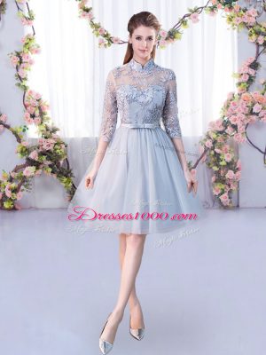 Half Sleeves Tulle Knee Length Lace Up Wedding Party Dress in Grey with Lace and Belt