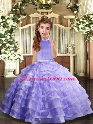 Floor Length Backless Pageant Dress Lavender for Party and Sweet 16 and Wedding Party with Beading and Ruffled Layers