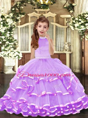 Halter Top Sleeveless Party Dress Wholesale Floor Length Beading and Ruffled Layers Lavender Organza
