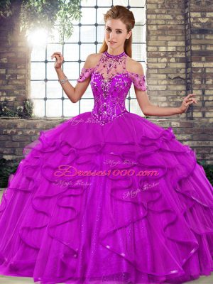 Chic Sleeveless Tulle Floor Length Lace Up Quince Ball Gowns in Purple with Beading and Ruffles