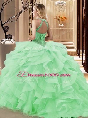 Clearance Apple Green Ball Gowns Beading and Ruffles Quince Ball Gowns Lace Up Organza Sleeveless