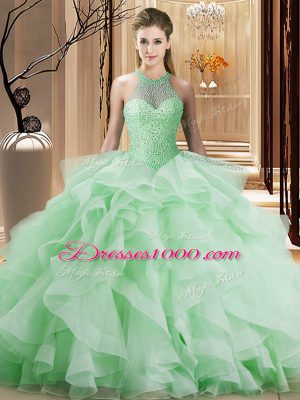 Clearance Apple Green Ball Gowns Beading and Ruffles Quince Ball Gowns Lace Up Organza Sleeveless