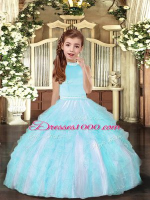 Admirable Aqua Blue Tulle Backless Halter Top Sleeveless Floor Length Pageant Dress for Teens Beading and Ruffles
