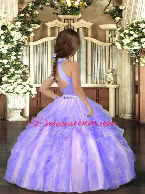 Admirable Aqua Blue Tulle Backless Halter Top Sleeveless Floor Length Pageant Dress for Teens Beading and Ruffles