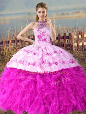 Fuchsia Sleeveless Organza Court Train Lace Up Quinceanera Gown for Sweet 16 and Quinceanera