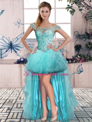 Aqua Blue Off The Shoulder Neckline Beading and Ruffles Pageant Dress for Girls Sleeveless Lace Up