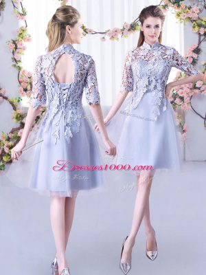 Captivating Mini Length Lace Up Quinceanera Dama Dress Grey for Wedding Party with Lace