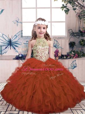 Rust Red Tulle Lace Up Kids Pageant Dress Sleeveless Floor Length Beading and Ruffles