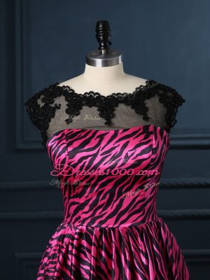 Cheap Hot Pink A-line Lace Red Carpet Prom Dress Backless Printed Cap Sleeves Mini Length