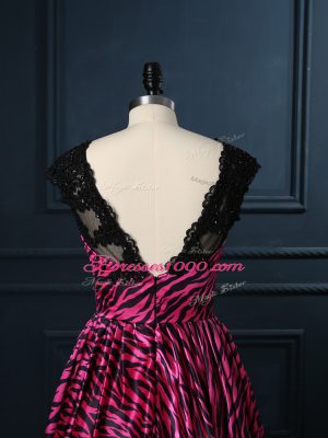 Cheap Hot Pink A-line Lace Red Carpet Prom Dress Backless Printed Cap Sleeves Mini Length