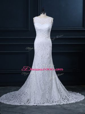 Sleeveless Lace Backless Wedding Dresses with White Brush Train