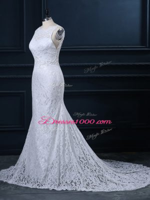 Sleeveless Lace Backless Wedding Dresses with White Brush Train