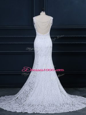 Sleeveless Lace Backless Wedding Dresses with White Brush Train