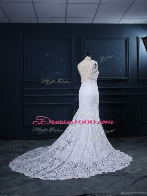 Sleeveless Lace Backless Wedding Dresses with White Brush Train