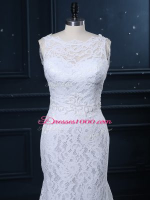 Sleeveless Lace Backless Wedding Dresses with White Brush Train