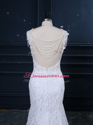 Sleeveless Lace Backless Wedding Dresses with White Brush Train