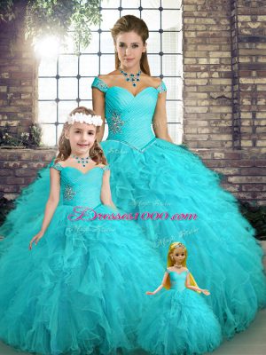 Cheap Ball Gowns Ball Gown Prom Dress Aqua Blue Off The Shoulder Tulle Sleeveless Floor Length Lace Up