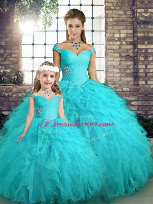 Cheap Ball Gowns Ball Gown Prom Dress Aqua Blue Off The Shoulder Tulle Sleeveless Floor Length Lace Up