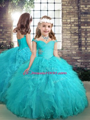 Cheap Ball Gowns Ball Gown Prom Dress Aqua Blue Off The Shoulder Tulle Sleeveless Floor Length Lace Up