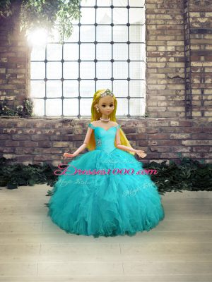 Cheap Ball Gowns Ball Gown Prom Dress Aqua Blue Off The Shoulder Tulle Sleeveless Floor Length Lace Up