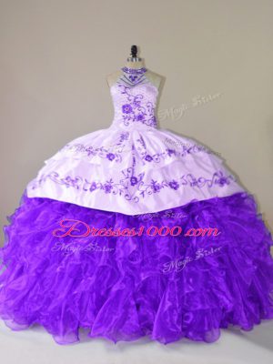 Purple Ball Gowns Halter Top Sleeveless Organza Court Train Lace Up Embroidery and Ruffles Vestidos de Quinceanera