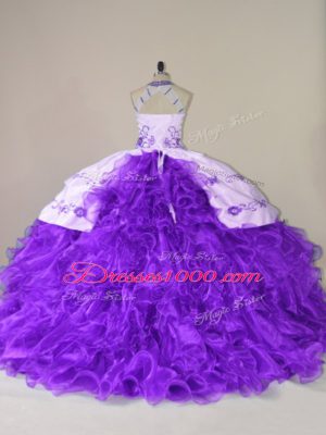 Purple Ball Gowns Halter Top Sleeveless Organza Court Train Lace Up Embroidery and Ruffles Vestidos de Quinceanera