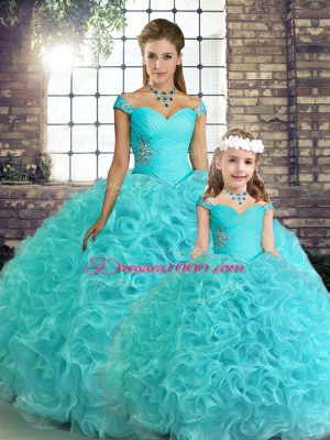 Popular Aqua Blue Sleeveless Fabric With Rolling Flowers Lace Up Quince Ball Gowns for Military Ball and Sweet 16 and Quinceanera