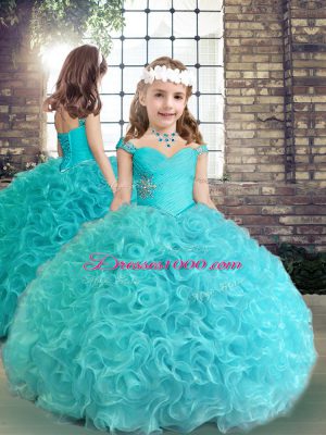 Popular Aqua Blue Sleeveless Fabric With Rolling Flowers Lace Up Quince Ball Gowns for Military Ball and Sweet 16 and Quinceanera