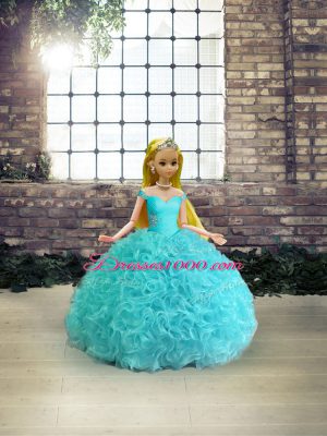 Popular Aqua Blue Sleeveless Fabric With Rolling Flowers Lace Up Quince Ball Gowns for Military Ball and Sweet 16 and Quinceanera