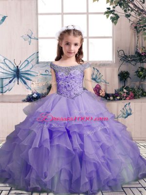 Ball Gowns Kids Formal Wear Lavender Off The Shoulder Organza Sleeveless Floor Length Lace Up