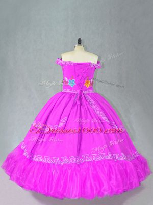 Gorgeous Floor Length Lace Up Quinceanera Dresses Fuchsia for Sweet 16 and Quinceanera with Embroidery