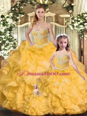 Gold Sleeveless Beading and Ruffles Floor Length Quince Ball Gowns