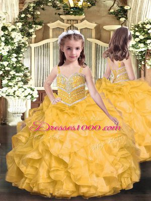 Gold Sleeveless Beading and Ruffles Floor Length Quince Ball Gowns