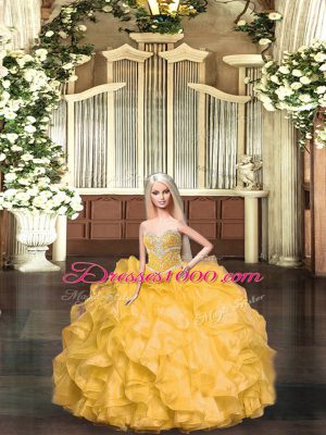 Gold Sleeveless Beading and Ruffles Floor Length Quince Ball Gowns