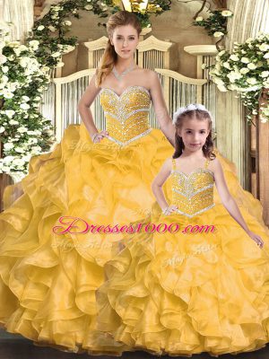 Gold Sleeveless Beading and Ruffles Floor Length Quince Ball Gowns