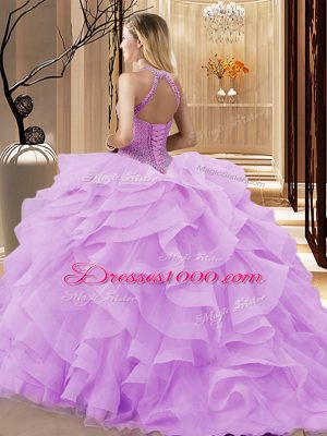 Flare Lavender Ball Gowns Halter Top Sleeveless Organza Sweep Train Lace Up Beading and Ruffles Quinceanera Dress