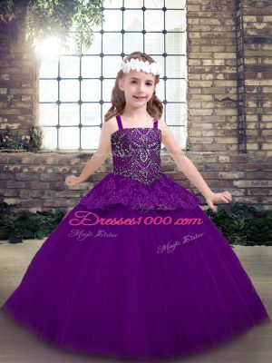 Wonderful Purple Ball Gowns Tulle Straps Sleeveless Beading Floor Length Lace Up Little Girls Pageant Dress