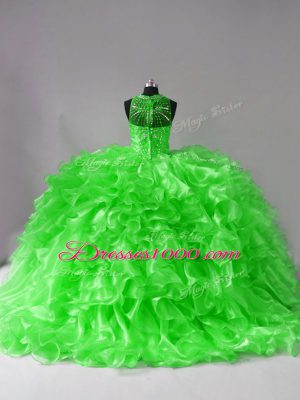 Ball Gowns Halter Top Sleeveless Organza Brush Train Lace Up Beading and Ruffles Sweet 16 Dress