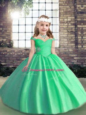 Sleeveless Tulle Floor Length Lace Up Pageant Dress in Apple Green with Beading