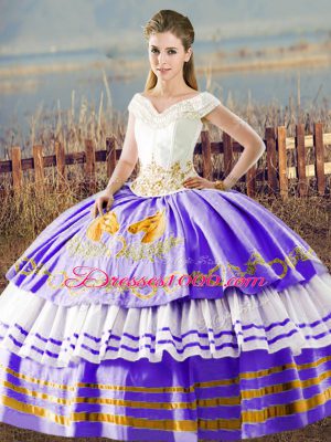 Deluxe Sleeveless Satin Floor Length Lace Up Sweet 16 Quinceanera Dress in White And Purple with Embroidery and Ruffled Layers