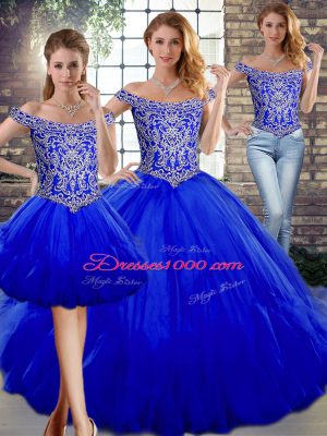 Charming Royal Blue Sleeveless Beading and Ruffles Floor Length Quinceanera Gown