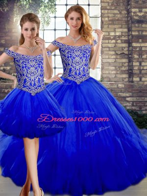 Charming Royal Blue Sleeveless Beading and Ruffles Floor Length Quinceanera Gown